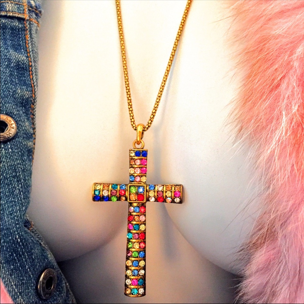 Multi Colored Rhinestone Covered Cross